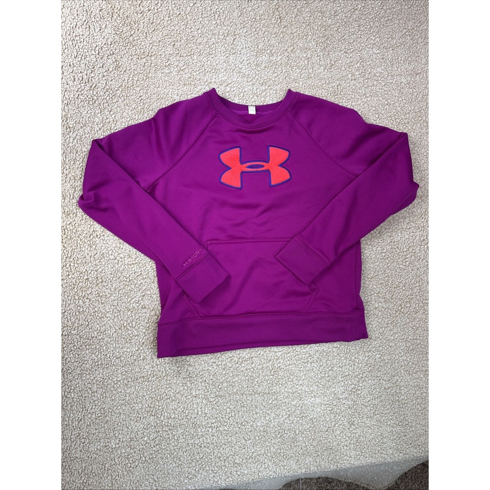 Under Armour Sweater Womens L Crew Neck L/S Pink Softshell Big Logo Kangaroo - Picture 9 of 11
